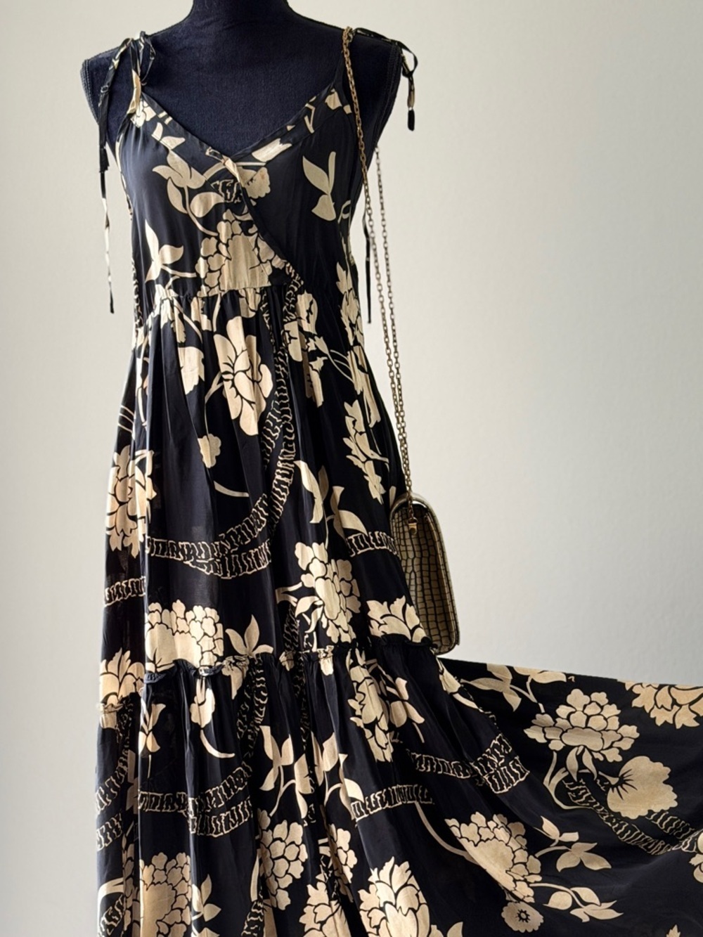 Mango Black and Cream Floral Tiered Maxi Dress